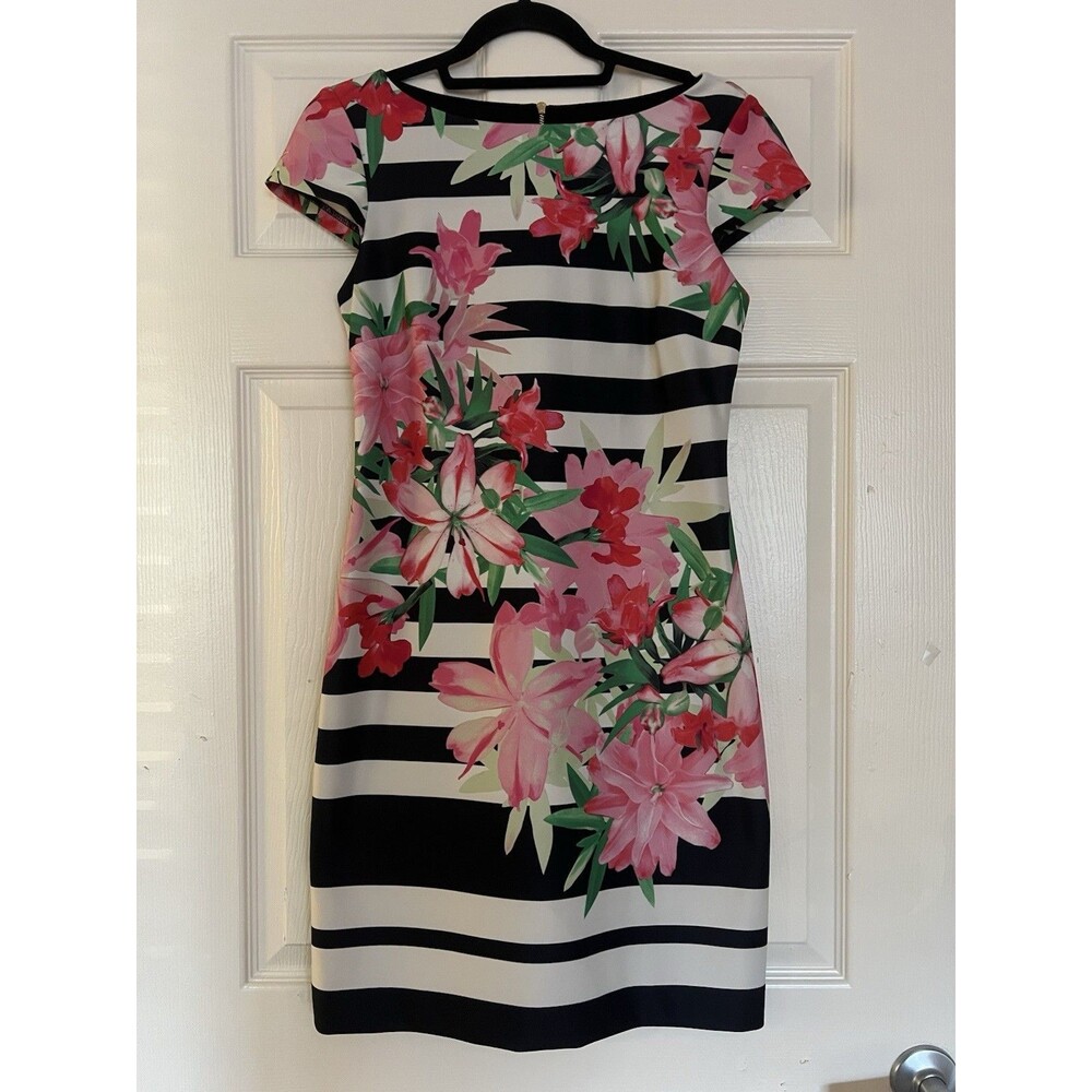 Vince Camuto Striped Floral Boat Neck Cap Sleeve Sheath Dress Size 2